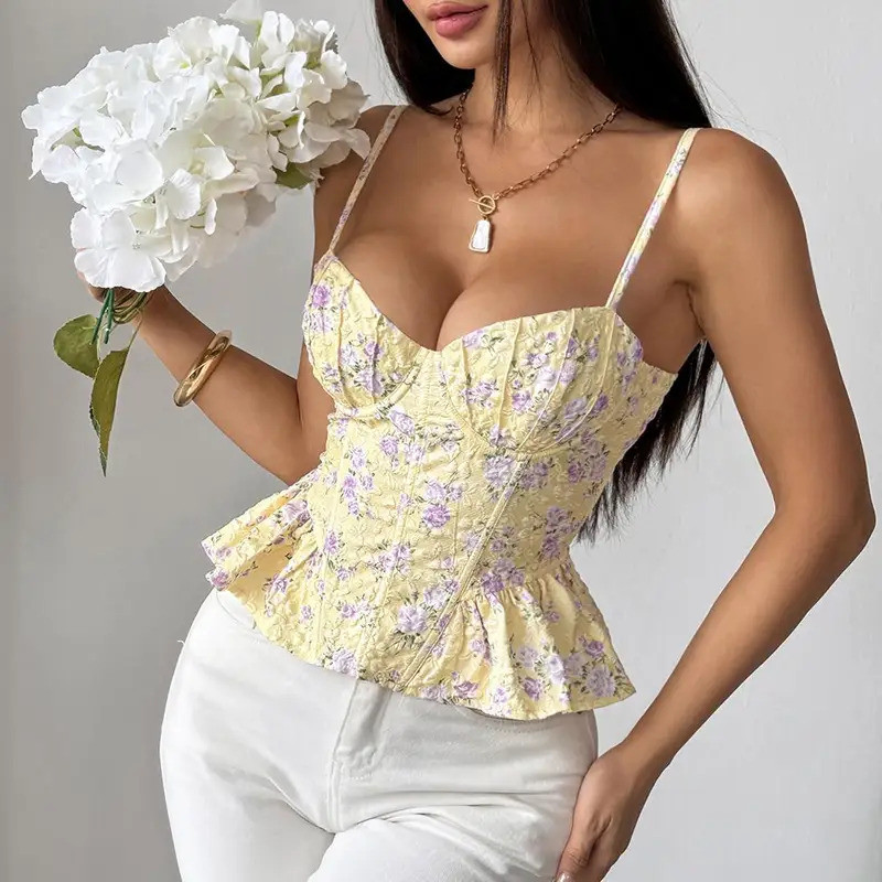 Corset feminino floral, top cropped com amarração, camisola justa sem mangas, modelador, lingerie sexy, top halter, cole