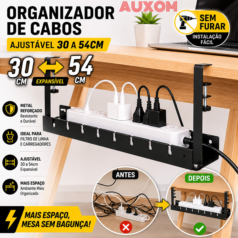 Organizador de Cabos e Fios Guia de Cabos Ajustável 30-54cm Suporte Metálico Sem Furar para Filtro de Linha