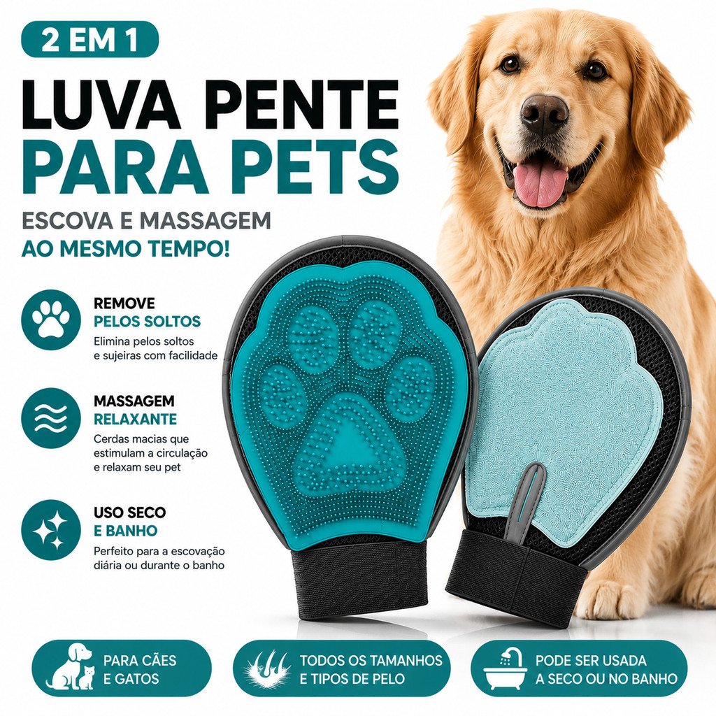 Luva Removedora de Pelos Pet Dupla Face Escova Massageadora para Cães e Gatos Banho