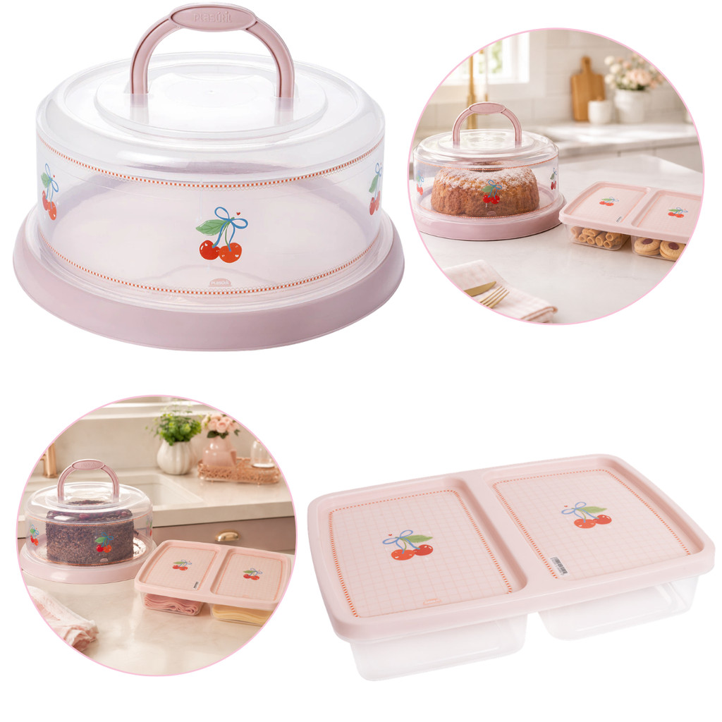 Boleira Plástica Decorada com Rosca e Alça Transparente Cereja + Porta Frios