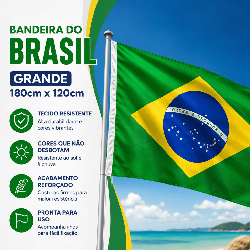 Bandeira Do Brasil Grande 180cmx120cm Copa do Mundo Eleição Reforçada Para Bastão Metro Verde e Amarela