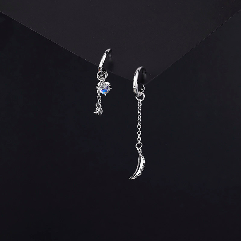brincos feminino brinco de pressão S925 prata agulha Moonstone pena brincos feminino assimétrico brincos elegante luz l