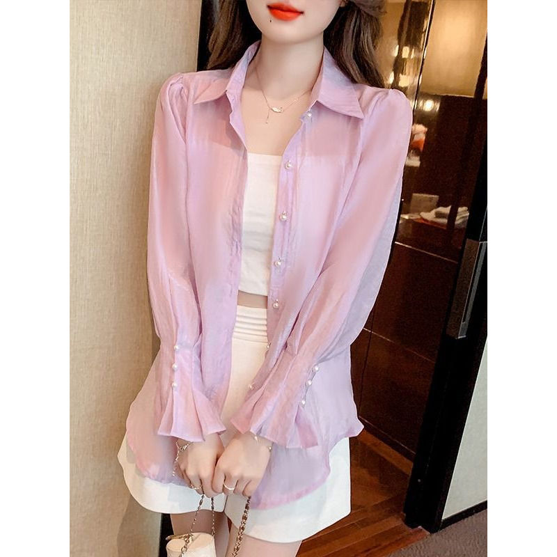 Han Rouchuan 2025 verão novo estilo estilo fino protetor solar camisa roxa feminina solta camisa Casual temperamento red