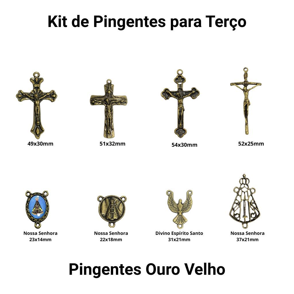 Kit 8 Pingentes Ouro Velho Crucifixo e Entremeio para Montagem de Terço Tamanhos e Modelos Variados