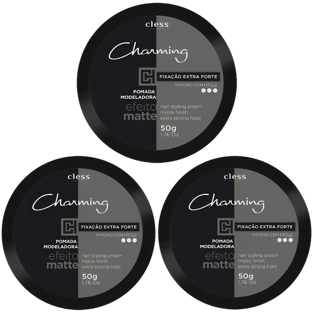 Kit 3 Pomada Cera Modeladora Charming Cless Efeito Matte Extra Forte Fixador Cabelo Masculino 50g
