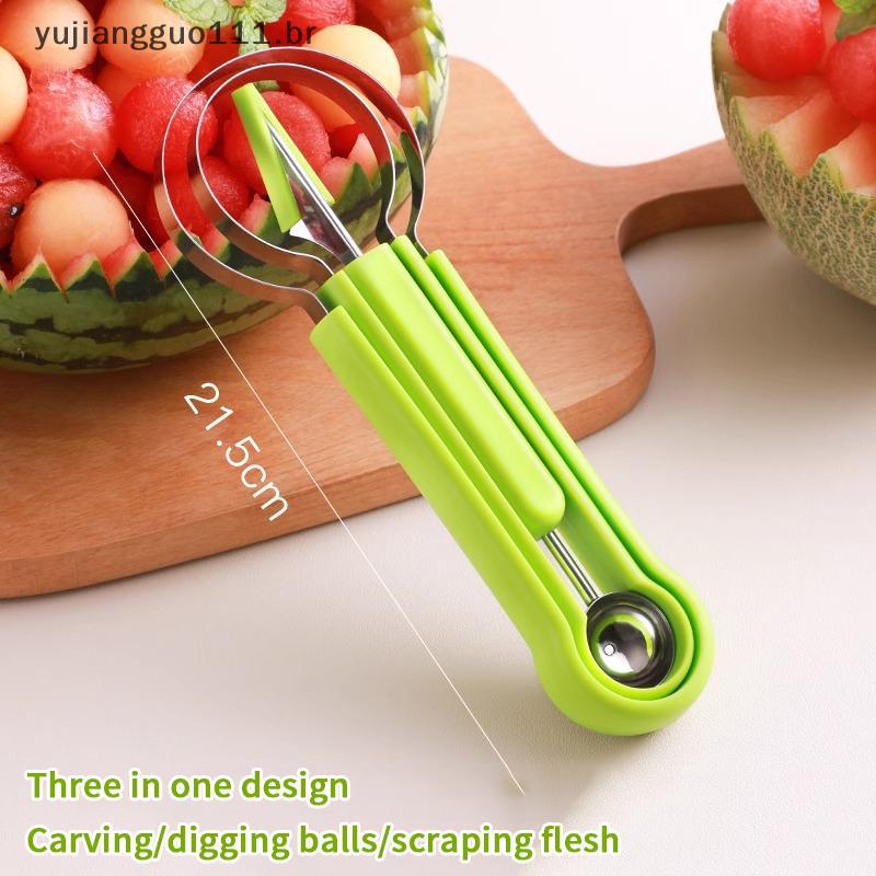 # Novo 1 Peça Verde 3 Em 1 Cortador De Frutas Colher Escultura Escavação Separador De Polpa Prato Utensílios De Cozinha