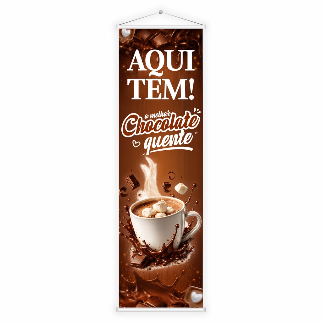 Banner Faixa Lona Aqui Tem Chocolate Quente Cafeteria 100x30