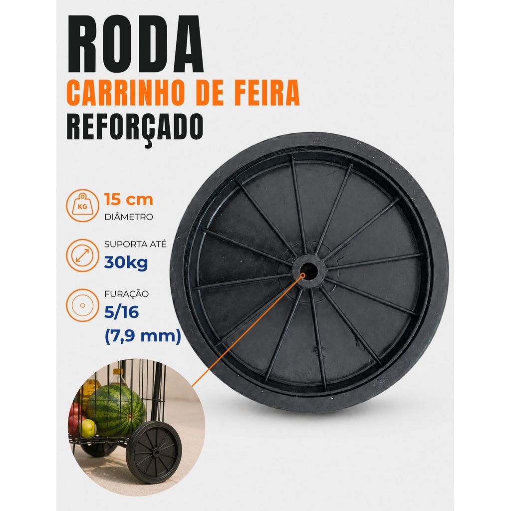 Kit 2 Rodinhas Reforçada Roda Para Carrinho De Feira Mercado 15cm | Peça de Reposição