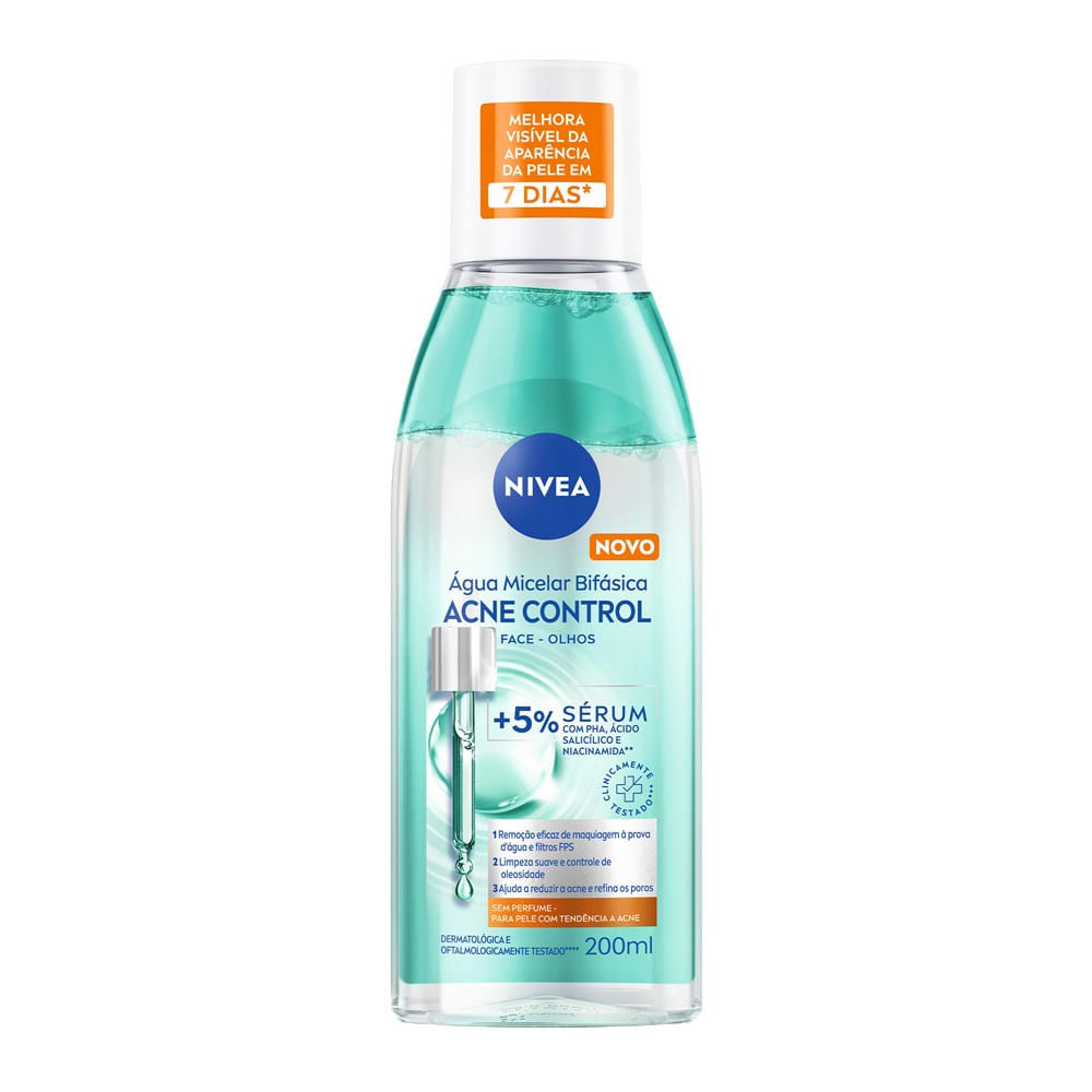 Água Micelar Bifásica Nivea Acne Control Face e Olhos Pele com Tendência a Acne Sem Perfume 200ml