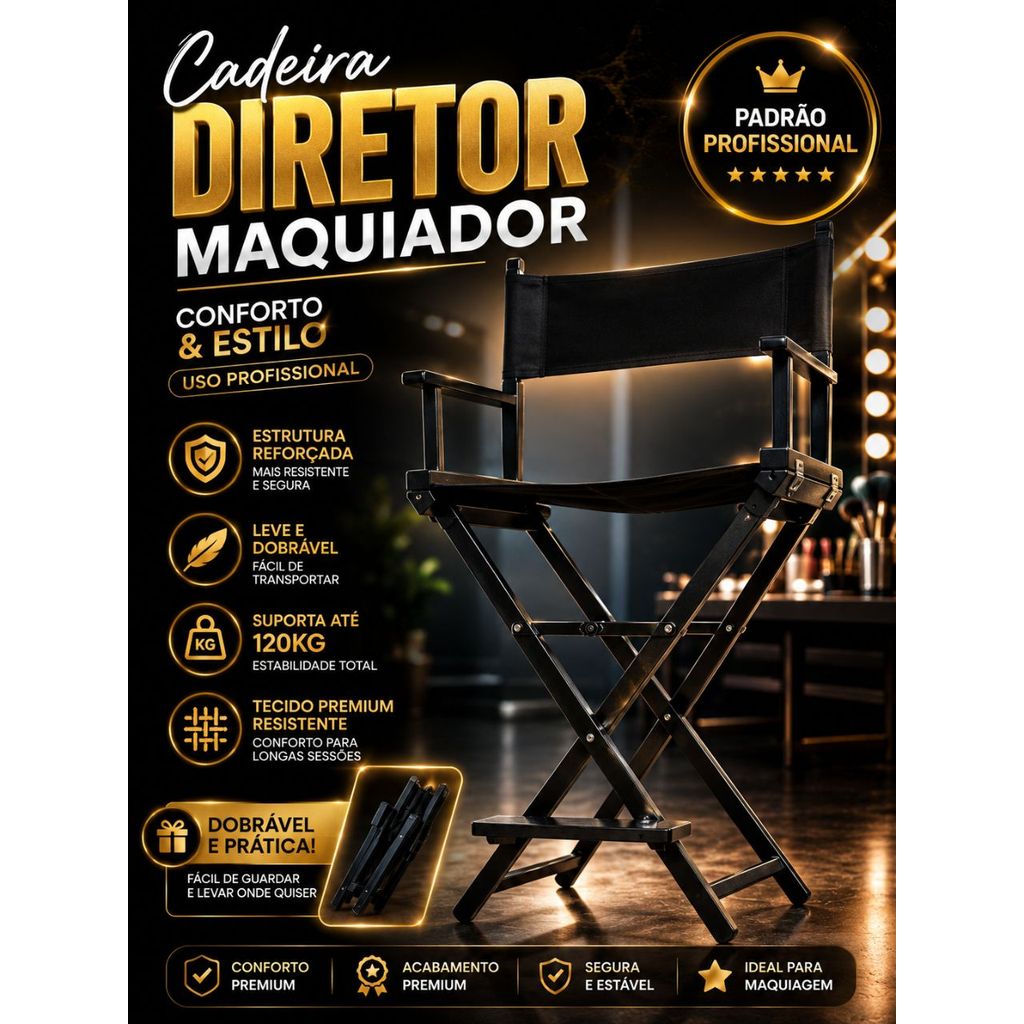 Cadeira Para Maquiador Profissional Reforçada Modelo Diretor De Cinema Portátil