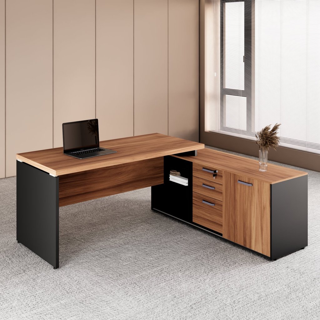 Escrivaninha Mesa Escritório em L com Armário Lateral Pé Painel 150cm Marrom e Preto Yescasa Preto/Marrom