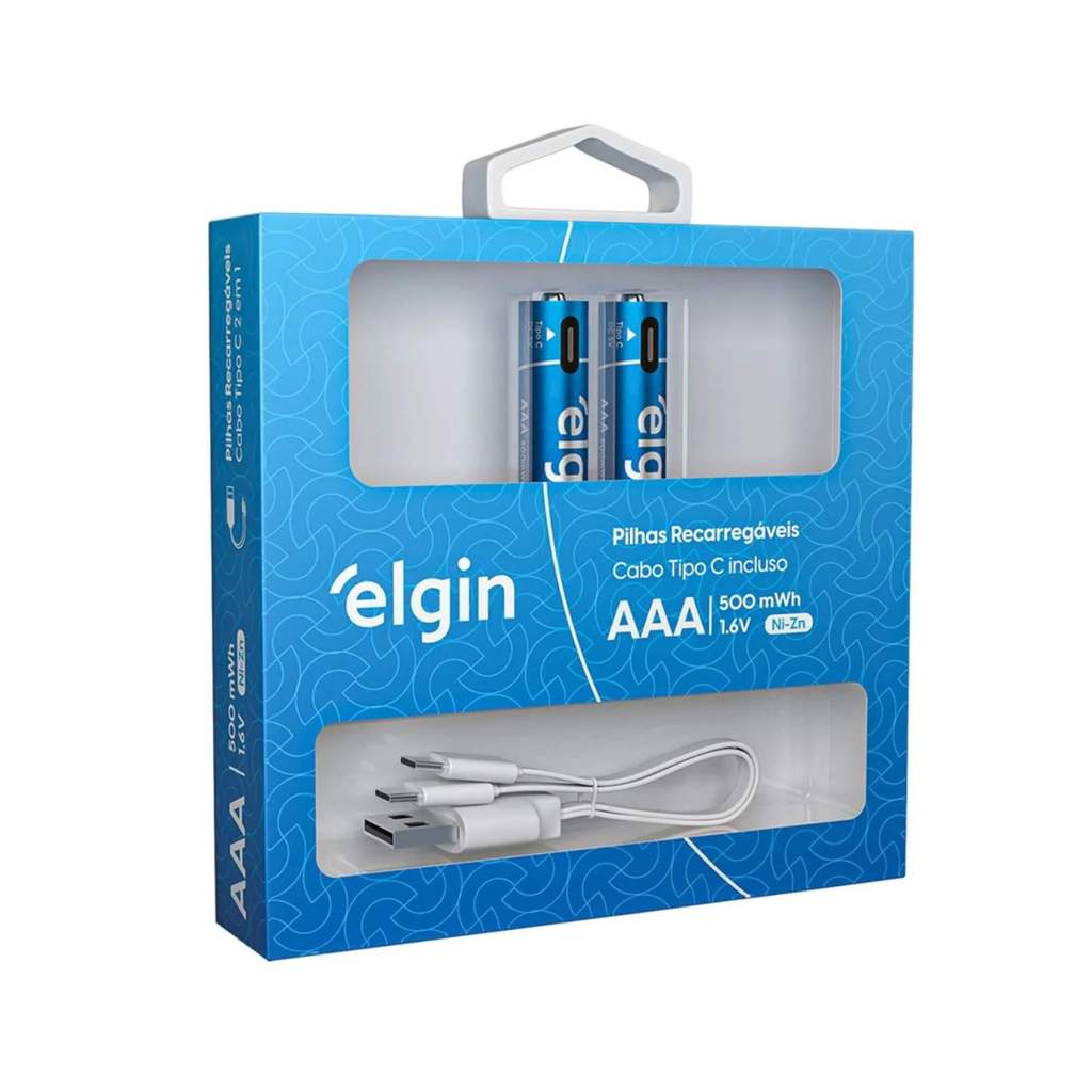 Pilha Alcalina Recarregável AAA Palito USB-C 1.200mAh c/ 2 unidades + Cabo Elgin - ELE000000082428