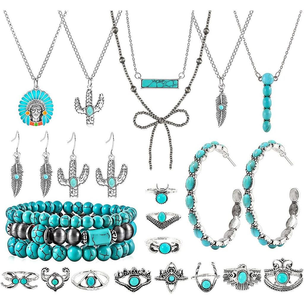 KOSMOS-LI 46 Peças de Conjuntos de Joias Boêmias Prateadas com 6 Colares de Turquesa, 12 Pares de Brincos Pendentes, 7 P