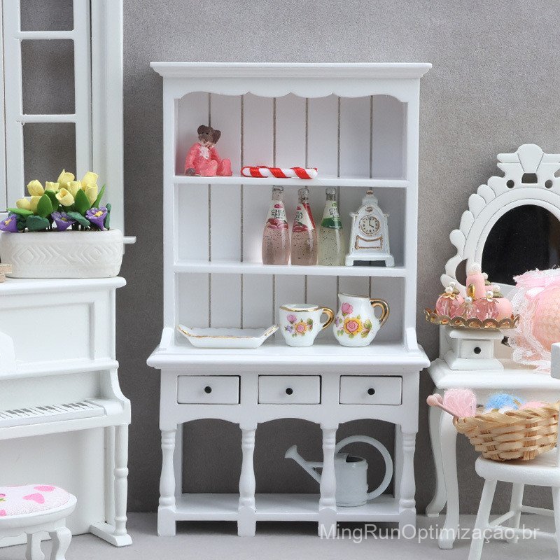 Móvel em miniatura para casa de bonecas 1:12, estante de livros vertical, armário em miniatura, armário de madeira branc