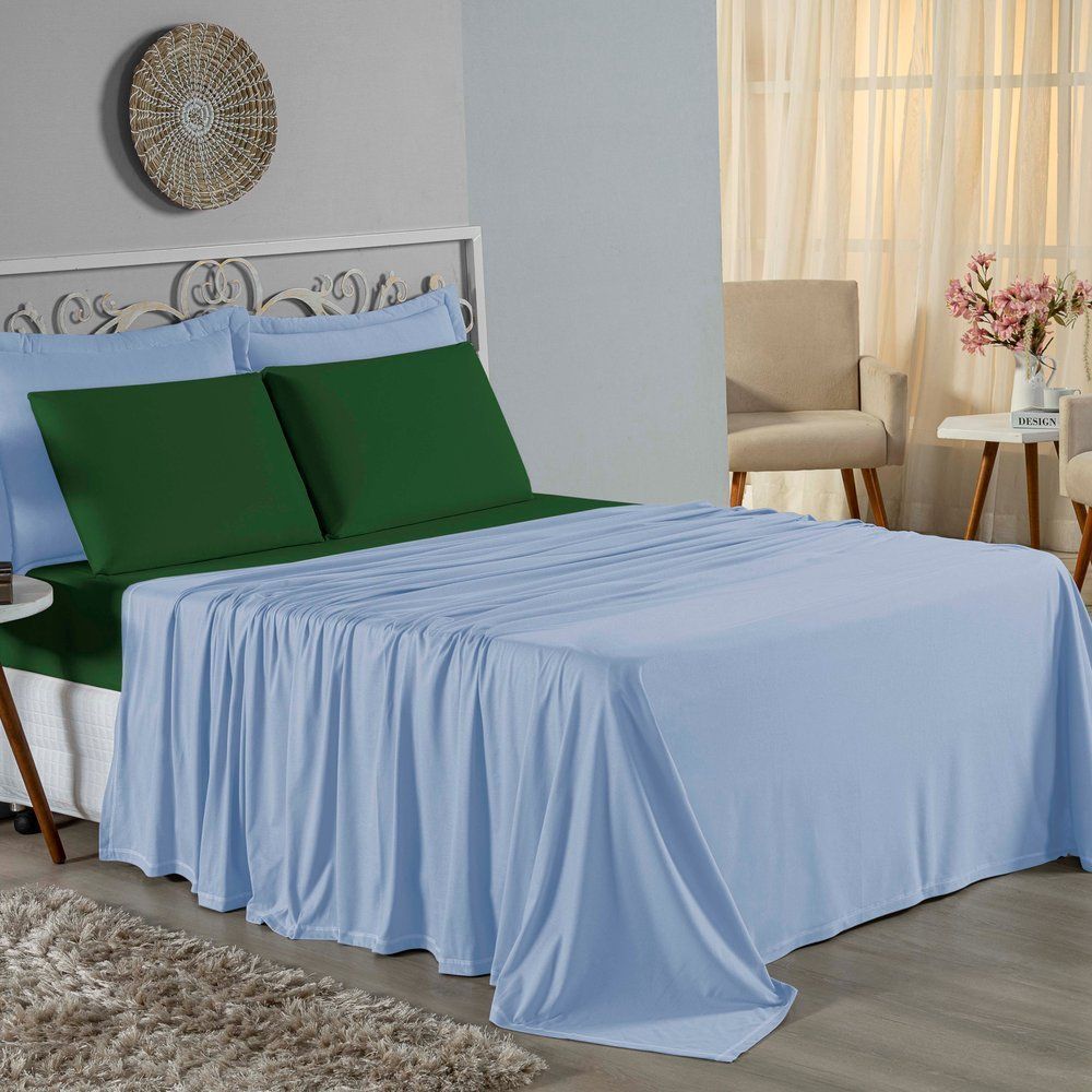 Jogo de Cama Solteiro Nobre 3 Peças Lençol com Elástico de 30cm de Altura Malha 100% Algodão - Azul-Bebê / Verde-Bandeir