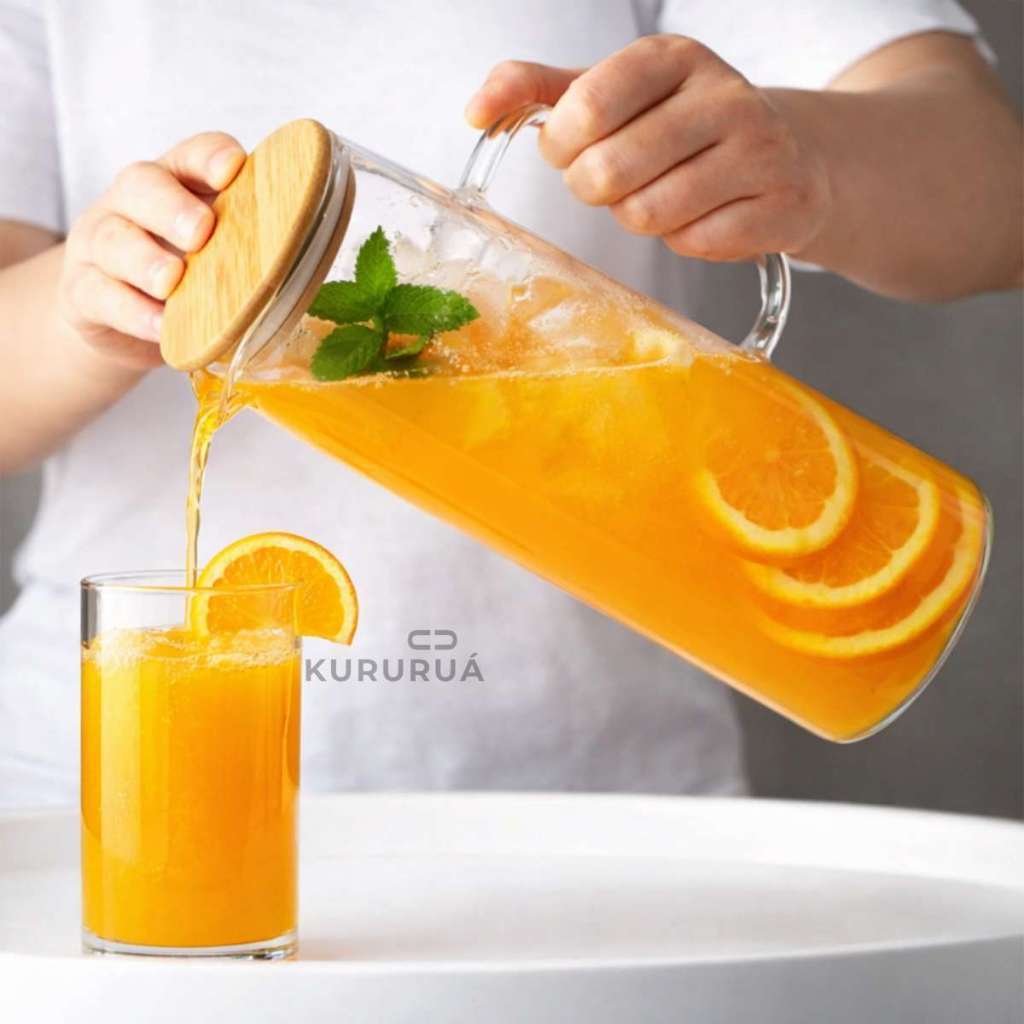 Jarra De Vidro Tampa Bambu Hérmetica Com Vedação 1,5L Suco Chá
