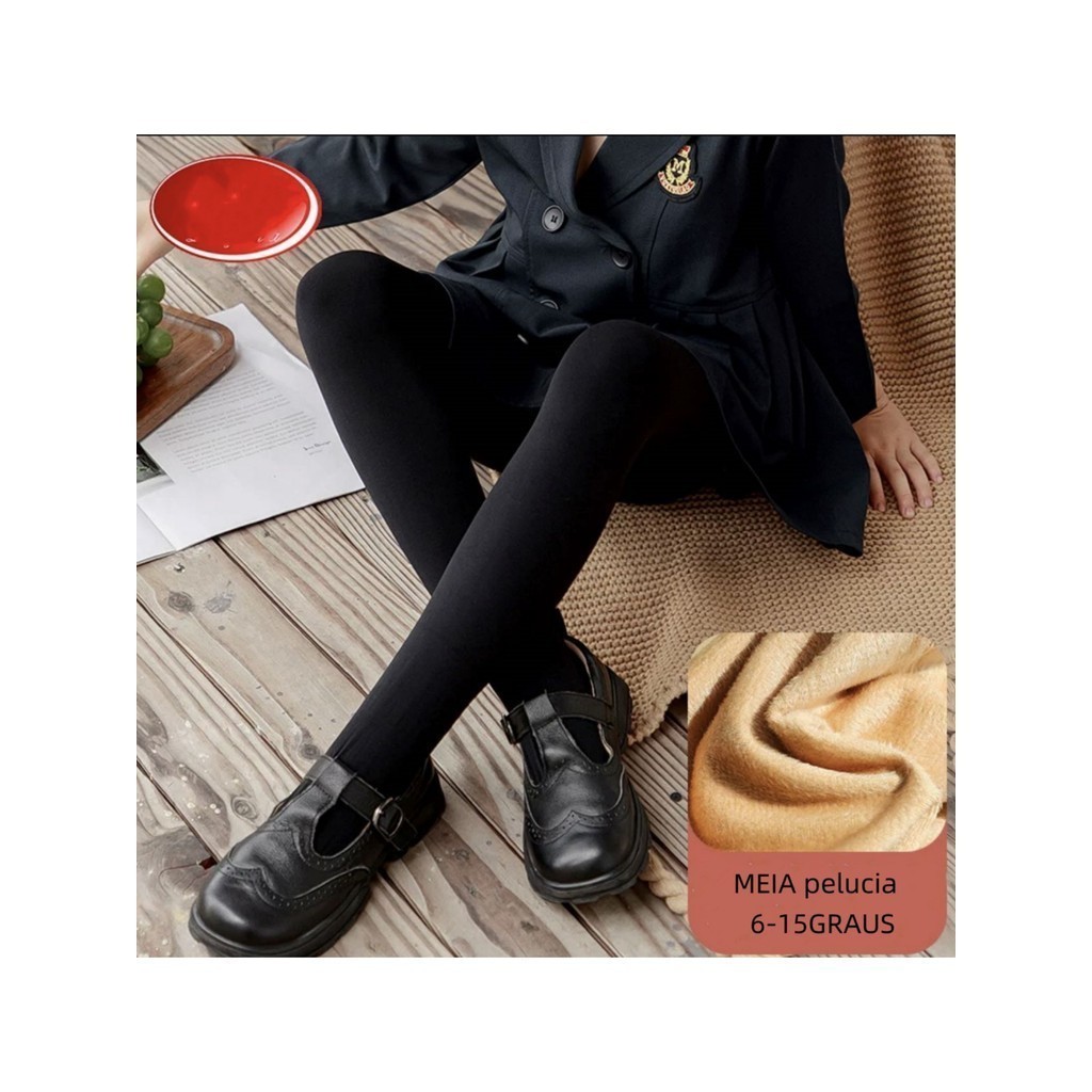 Meia Calça Infantil Térmica Forrada Peluciada Translúcida de Lã Legging Grossa  Quente Feminina