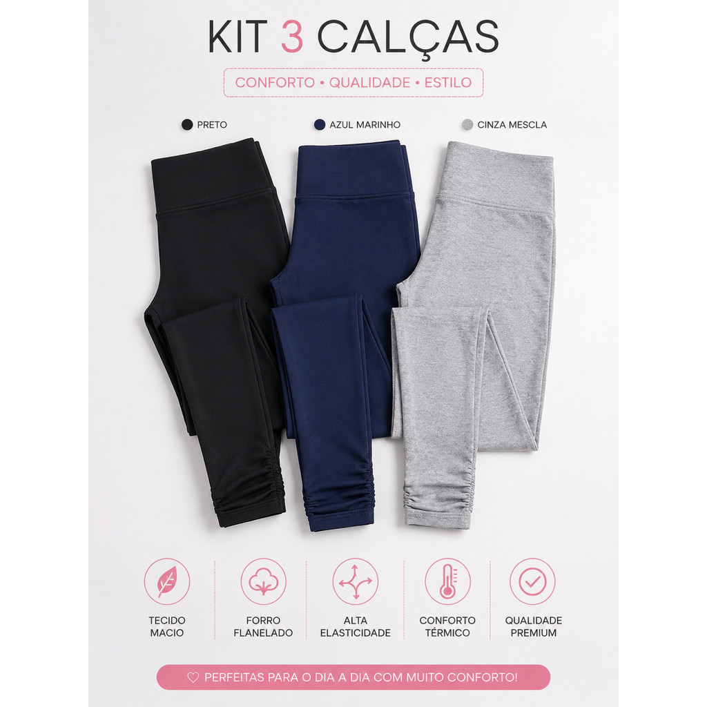 Kit 3 Legging Infantil e Juvenil Flanelada Peluciada Térmica Inverno