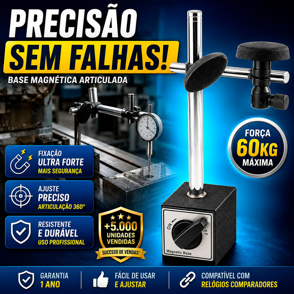 Base Magnética Profissional EDA 60kg P/ Relógio Comparador Ajustes Técnicos Ofic