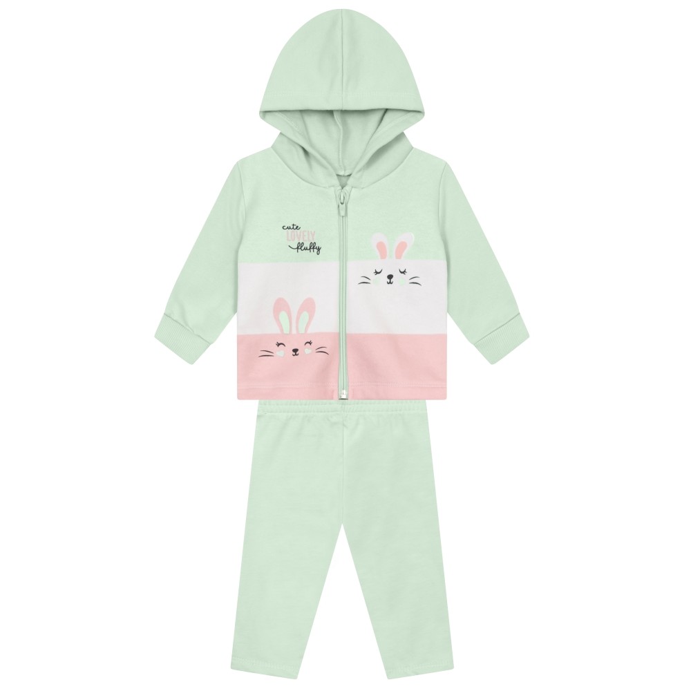 Conjunto Infantil Menina Brandili Inverno com Calça Legging e Jaqueta Flanelada Verde Coelhinha Cute