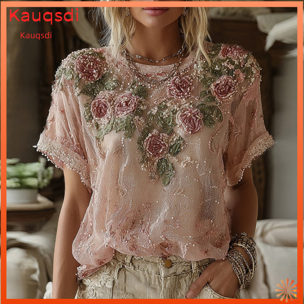 Pullover Tops Women Linen Women’s Summer Round Neck Short Sleeve Top Loose Fit Lightweight Sun Protection Tee with 3d