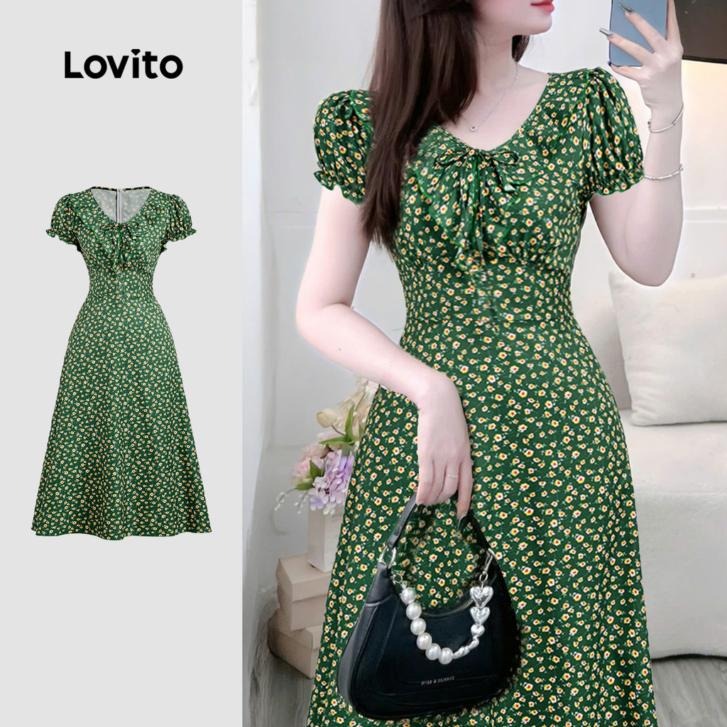 Lovito Férias Vestido com Laço Babados e Estampa para Primavera/verão Verde para Mulheres L178ED376