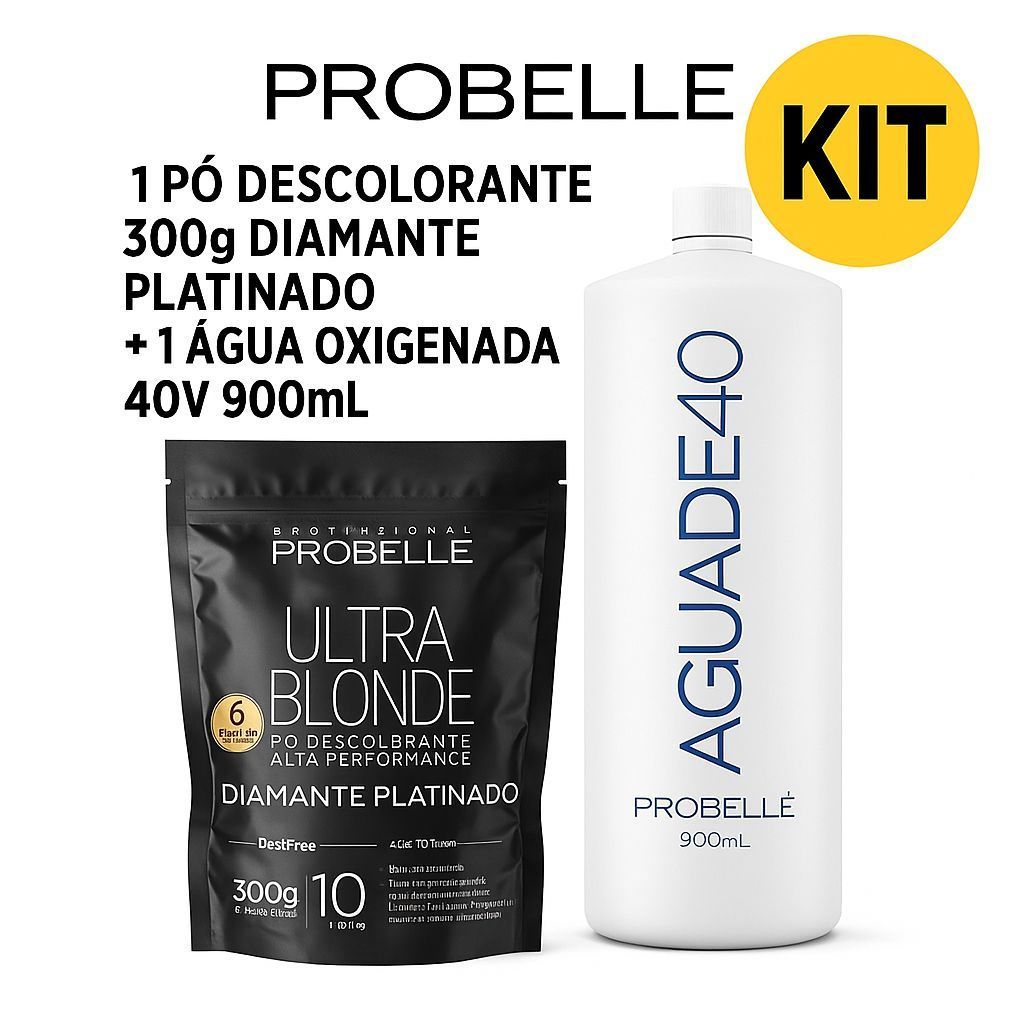 Água Oxigenada 40V 900ML + Pó Descolorante Diamante Platinado 300g Probelle Kit