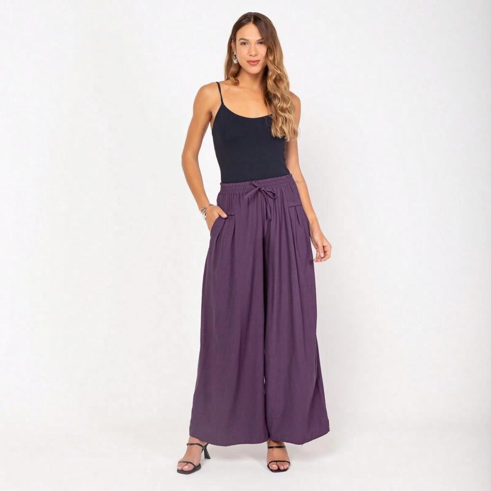 Lavanda Calça feminina em tecido de fibra de gelo, calça de cintura alta com bolsos,saia-calça folgada de perna larga