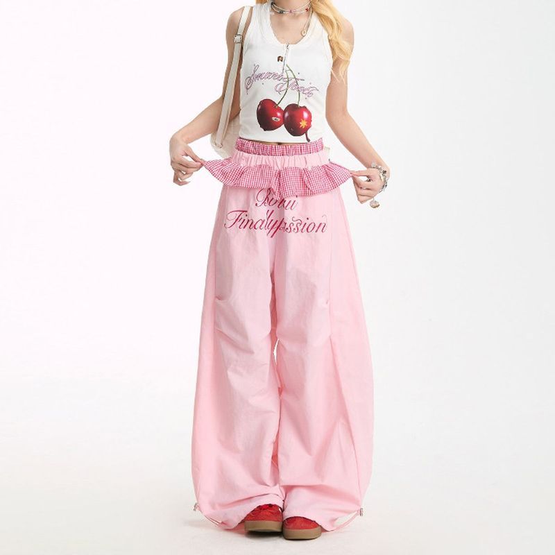 Chardopamina Wear rosa babados calças de perna larga mais magro olhar All-Match calças de dança quente menina Casual cal