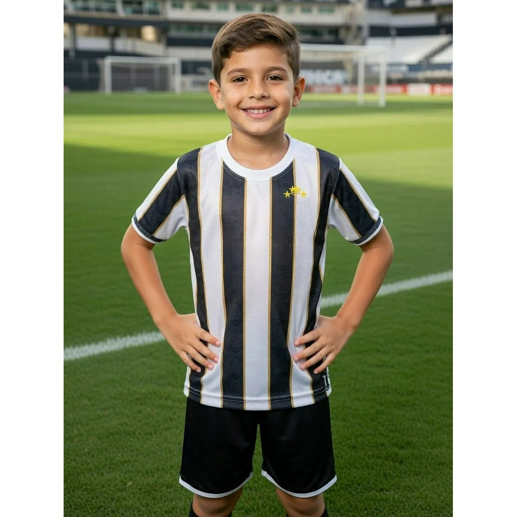 CONJUNTO INFANTIL SANTOS LISTRADO CAMISA + SHORT + MEIÃO + FIGURINHAS + (ESCUDO OFICIAL BORDADO NA CAMISA E NO SHORT)