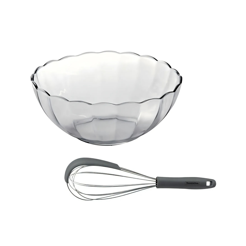 Kit Tigela De Vidro 1L E Batedor Manual Fouet Em Aço Inox Fue Bowl Saladeira Marinex Resistente Ovos Massa Bolo