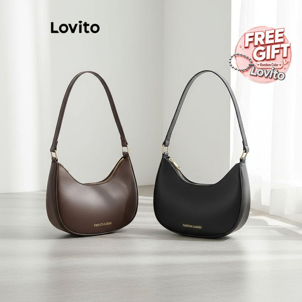 Lovito Casual Bolsa Feminina de Ombro Básica Lisa para Mulheres L66AD030 (Marrom/Preto)