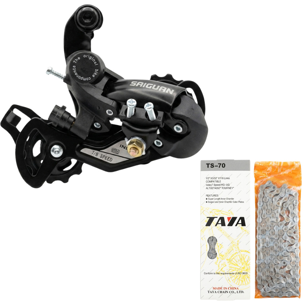Kit Cambio Traseiro 8V Bicicleta Preto Sem Gancheira 24V Saiguan e Corrente Taya Fina Index 124 Elos Bike Bicicleta