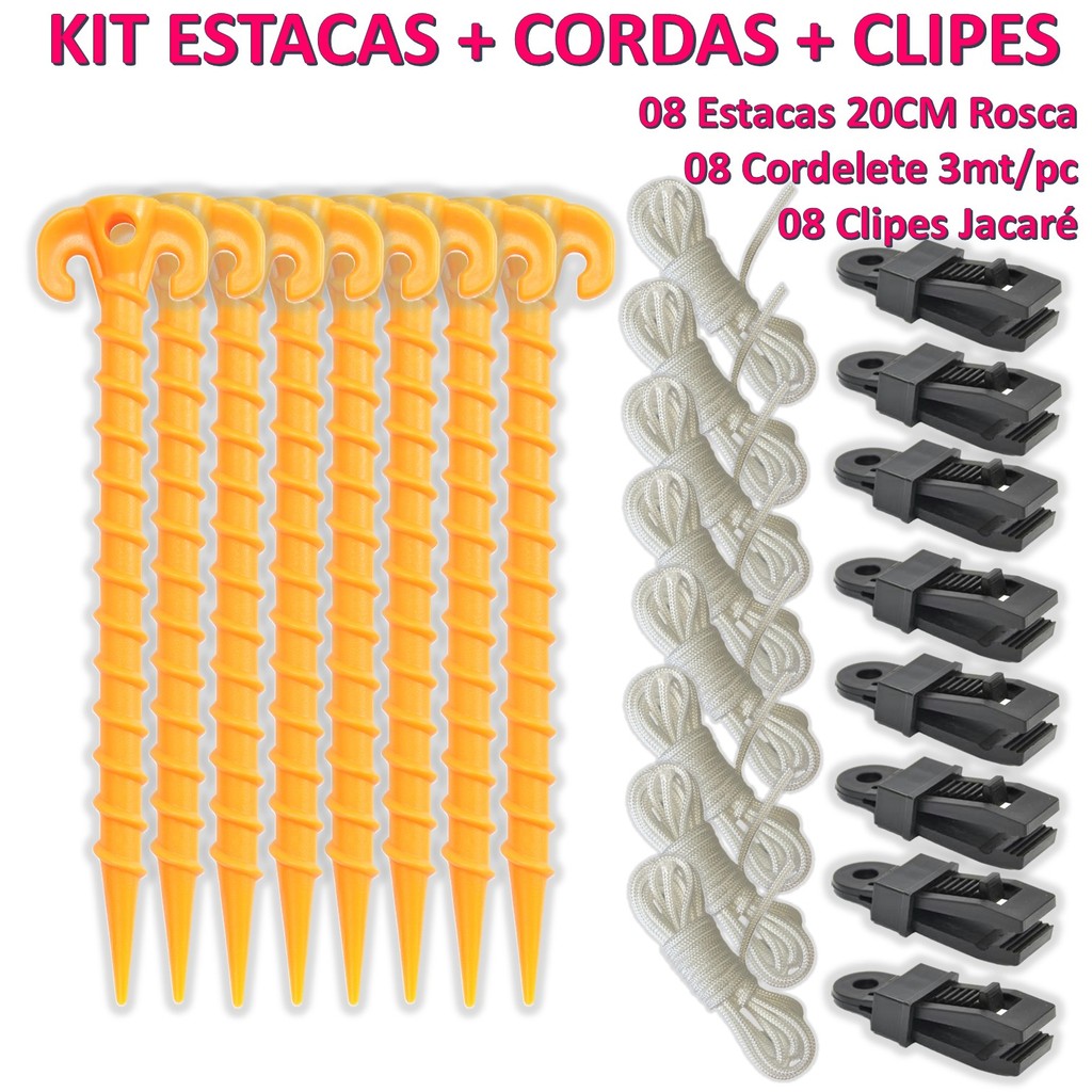 Kit 8 Estacas + 8 Cordas + 8 Garra Jacaré P/ Tenda Gazebo Barraca Camping Praia Reforçado Laranja