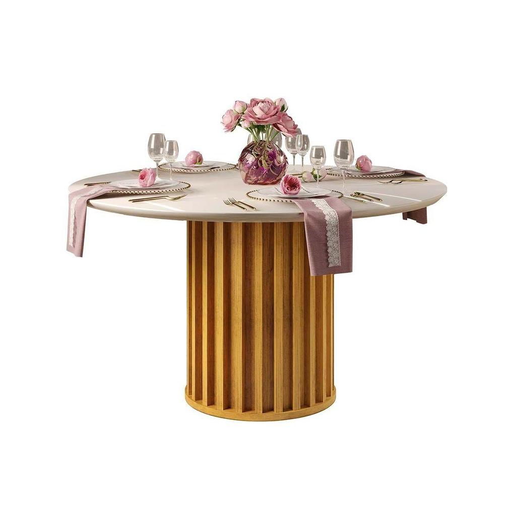 Mesa de Sala Jantar Viena c/ Tampo Madeirado c/ Vidro 136cm Cedro/Off White - DJ Móveis