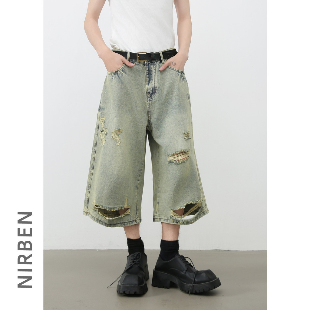 Jeans jeans jeans|Verão Retro rasgado Denim Shorts masculino solto All-Match calças cortadas retas perna larga Mi