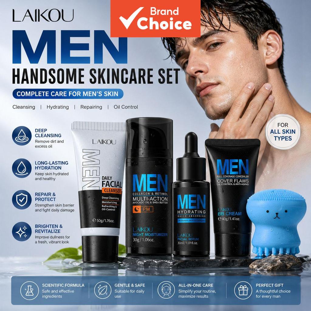 Conjunto de Cuidados Masculinos LAIKOU - Cleanser, Sérum, Creme Noturno, BB Cream com Pincel, Presente Perfeito para Ele