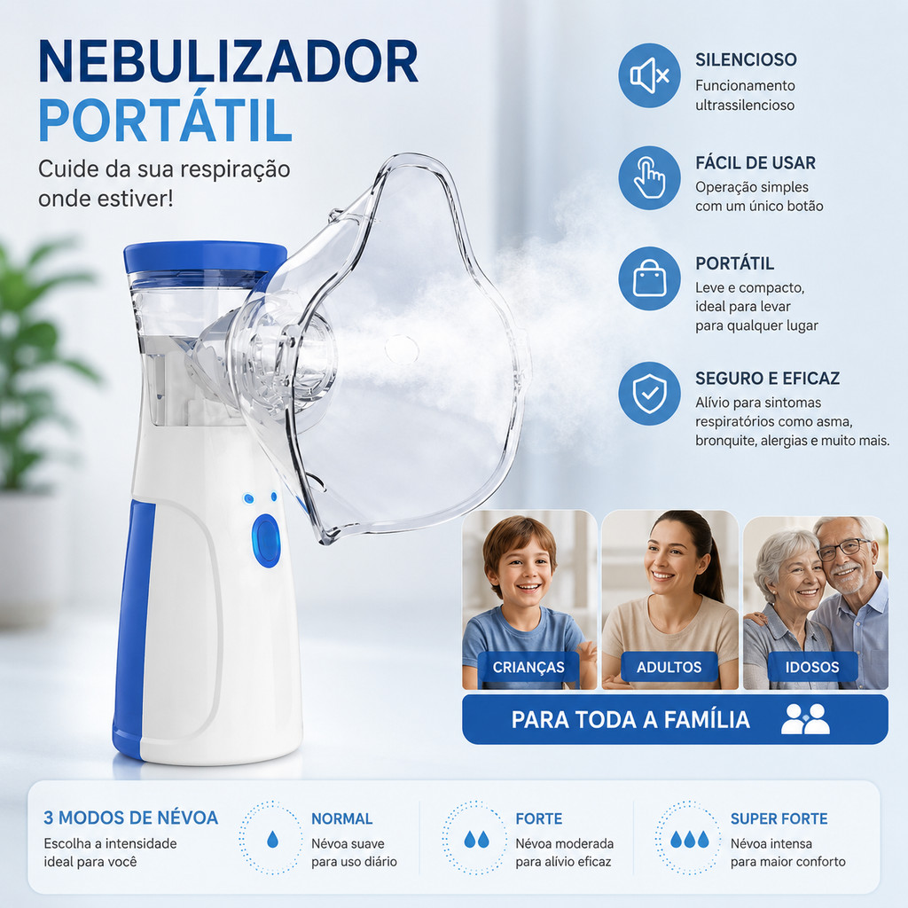 Nebulizador Portátil USB Silencioso Inalador com Máscaras Adulto Infantil