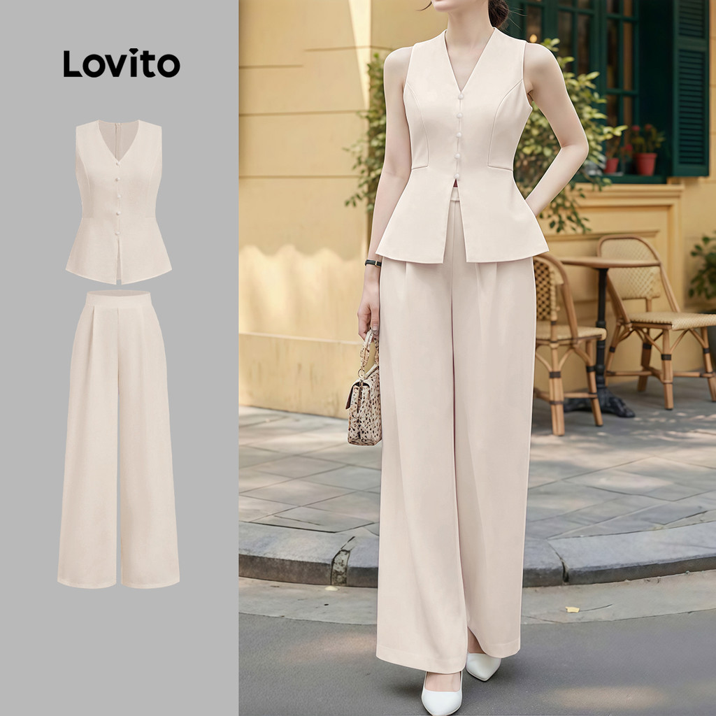 Lovito Conjunto Casual De Blusas E Calças Com Botões Calças Brancas Para a Primavera E O Verão Para Mulheres L177ED379