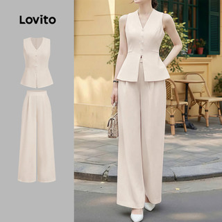 Lovito Conjunto Casual De Blusas E Calças Com Botões Calças Brancas Para a Primavera E O Verão Para Mulheres L177ED379
