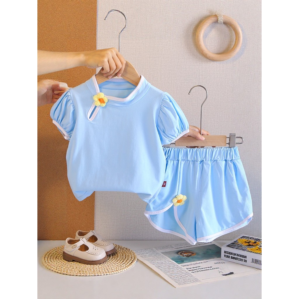Feminino bebê Retro estilo chinês terno de manga curta bebê crianças moda roupas de verão menina roupas de verão estilo