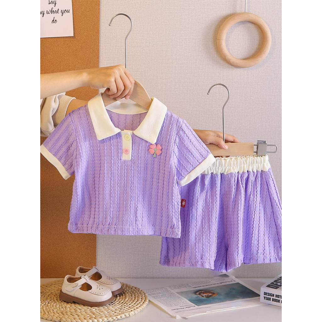 Meninas roupas de verão moda gola polo de manga curta terno de duas peças bebê verão fino roupas casuais do bebê criança