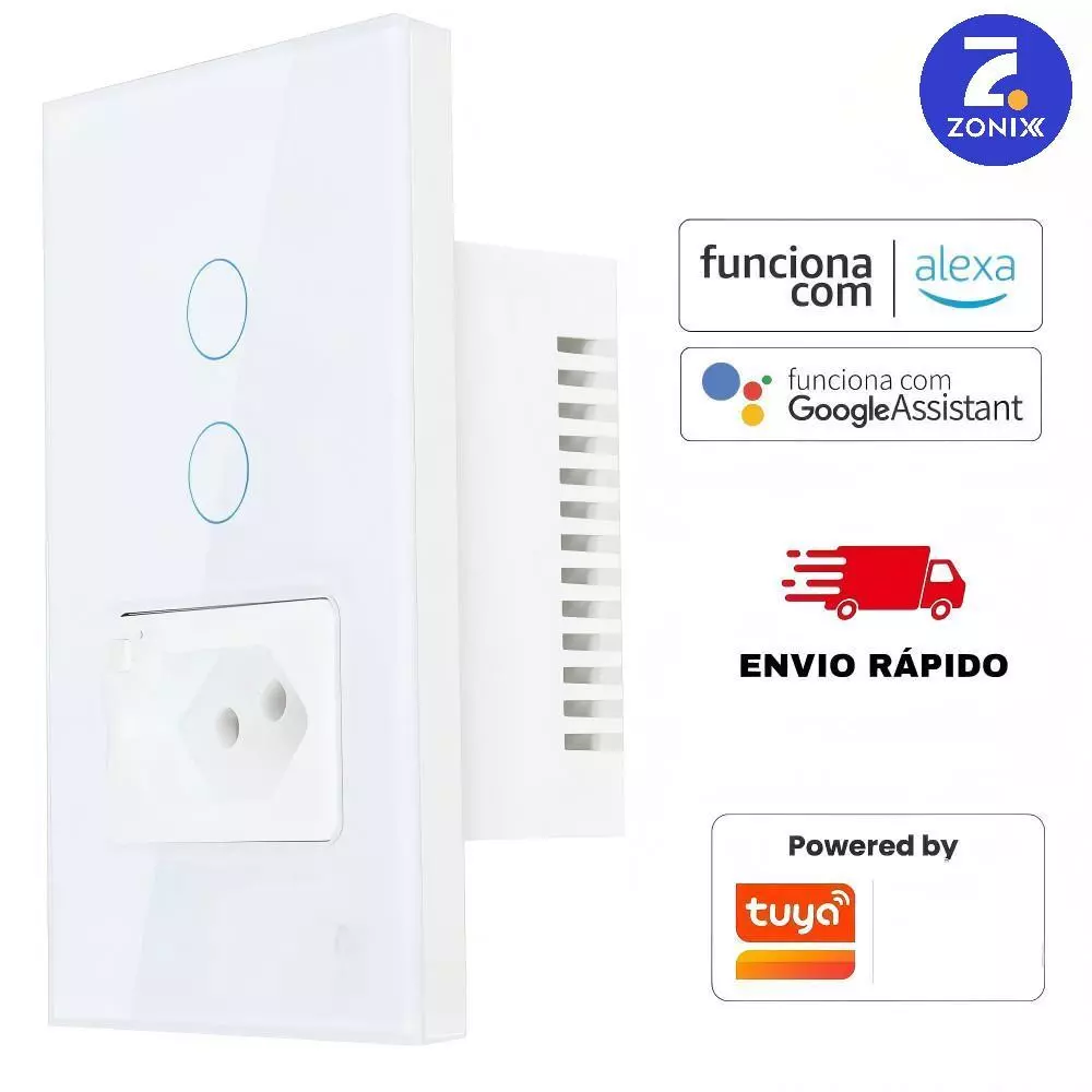 Interruptor Inteligente Wifi 1 e 2 Botões Touch Tomada Bivolt Smartlife Tuya Panda Plus Alexa Google Comando Voz Zonix