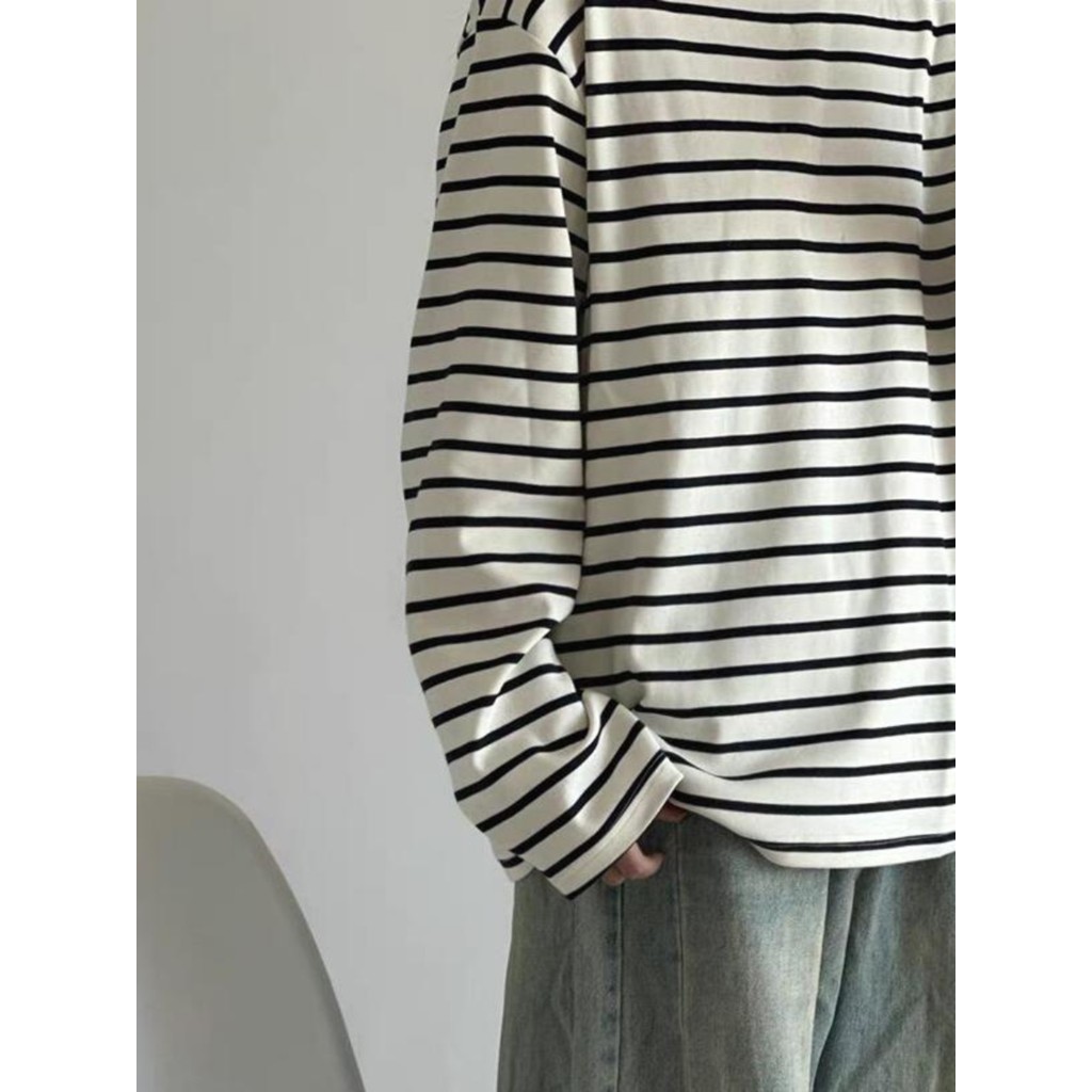 Preguiçoso estilo unissex preto branco listrado camiseta ins masculino feminino na moda solto de manga comprida topo clá