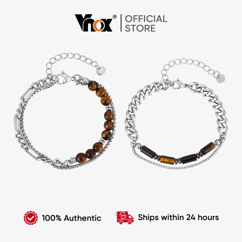 Pulseira Masculina Vnox Pedra De Cura Natural Dupla Camada Corrente Cubana Frisada De Aço Inoxidável Sorte Charme Presen