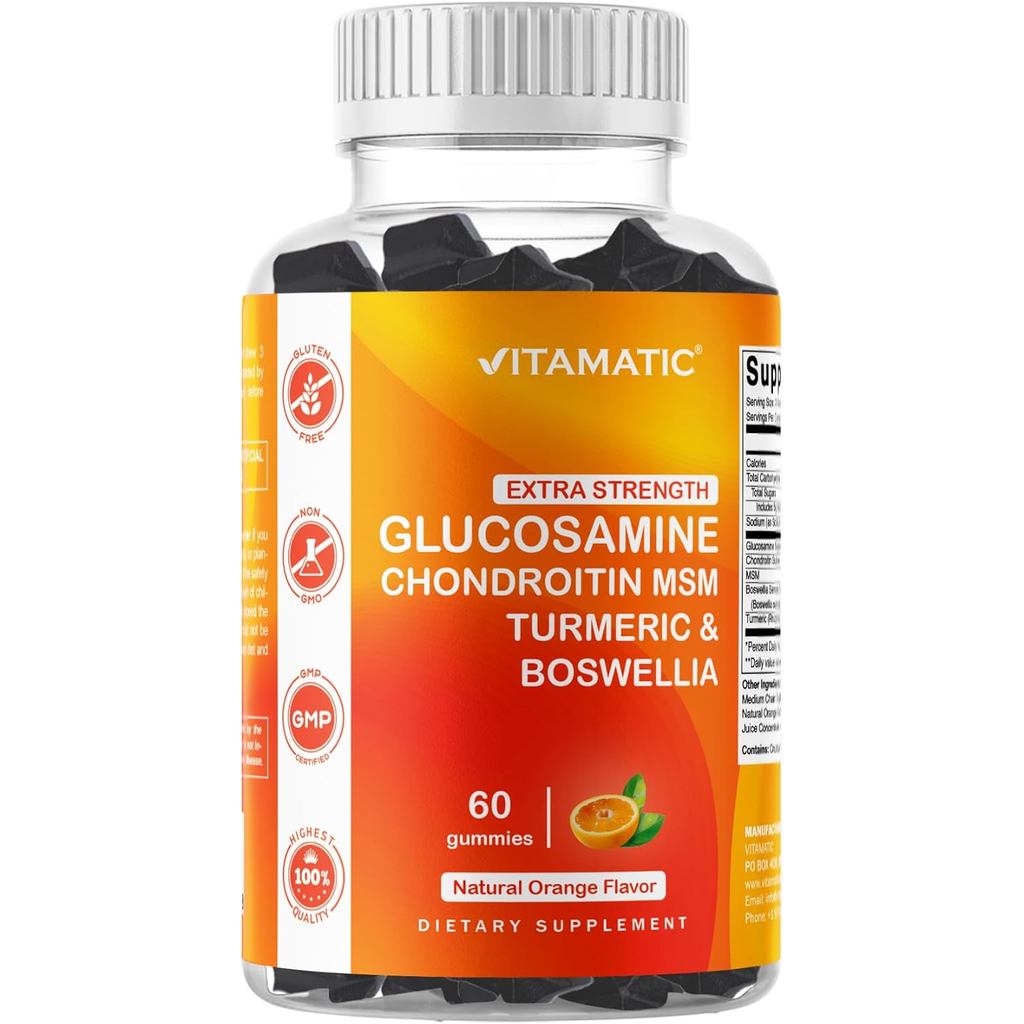 Vitamatic Strength Gomas de Glucosamina e Condroitina com MSM, Cúrcuma e Boswellia – 60 Gomas à Base de Pectina Fórmula
