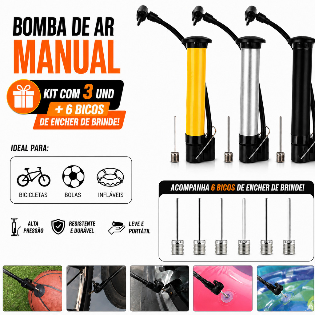 Bomba de Ar Manual 25cm Para Bola Bicicleta Colchão Inflável Portátil Resistente + 6 Bicos Brinde