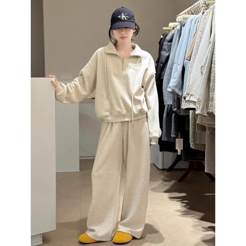 Conjunto De Moletom Feminino Grosso Gola Alta Com Ziper Casual Calca Reta Soltinha Confortavel