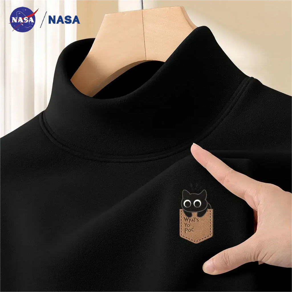 NASA Co-Branded Meia Gola Alta Outono Inverno Dupla Face Veludo Alemão Camiseta de Manga Comprida Velo Quente Top Camisa