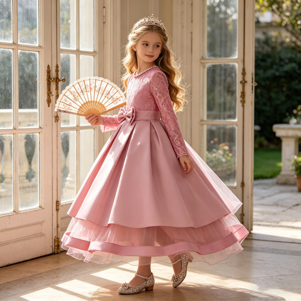 Meninas Rosa Renda Cetim Flor Menina Vestido Manga Longa Arco Faixa Tule Bainha Formal Para Casamento Concurso Festa De